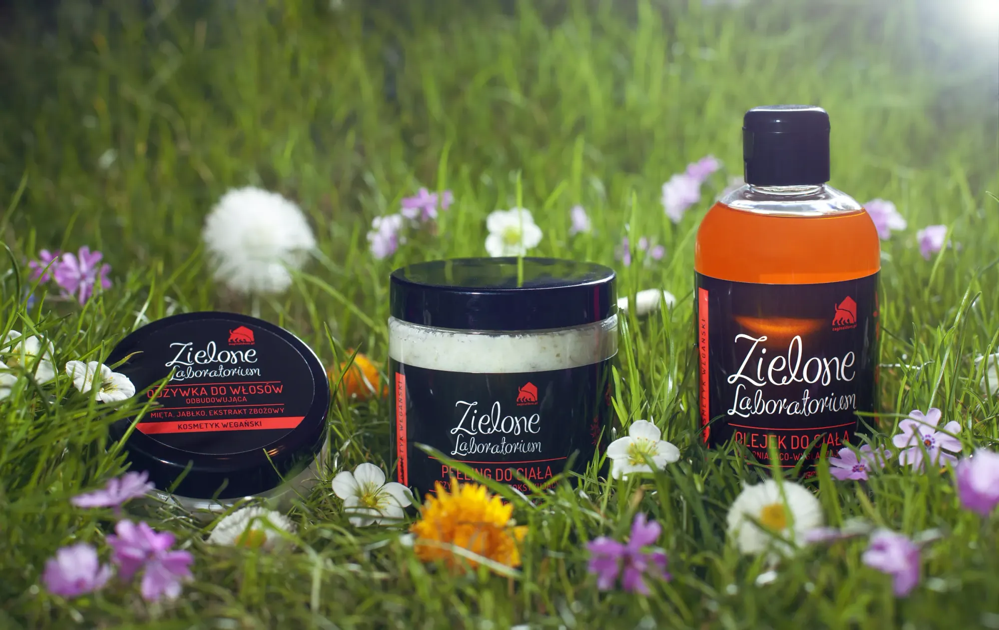 Peeling, masło i olejek do ciała Zielonego Laboratorium w wiosennej trawie z kwiatami
