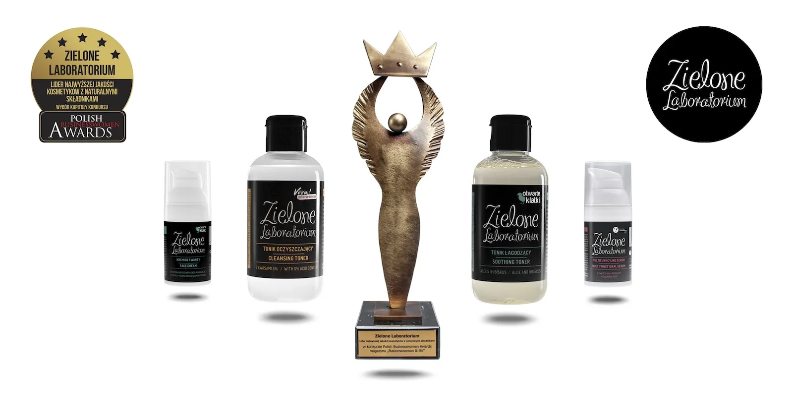 Statuetka Polish Businesswomen Awards obok kosmetyków Zielonego Laboratorium