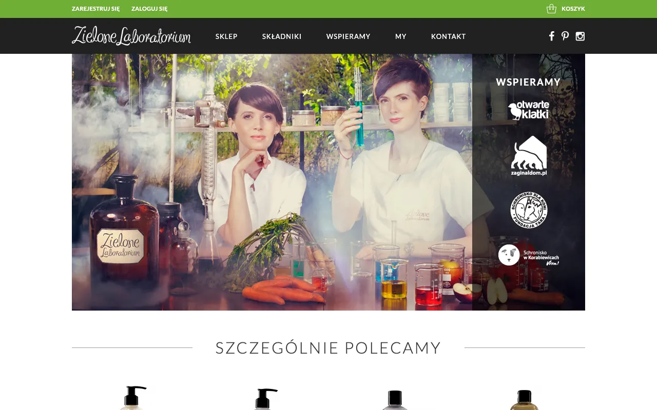 Strona główna zielonelaboratorium.pl w 2016 roku: sklep i organizacje